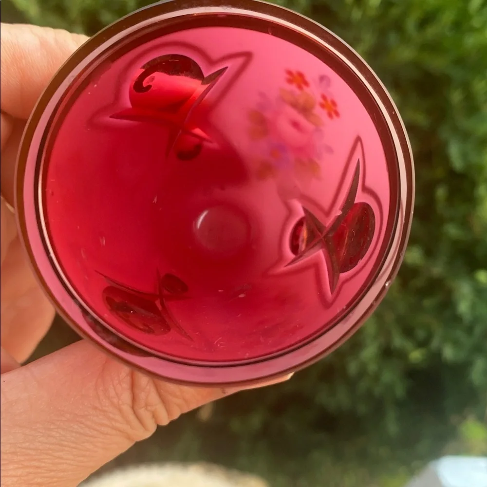 ❤️💙 Czech Bohemian Hand Enameled Floral White Cased Cut to Cranberry Glass -🌺🌸